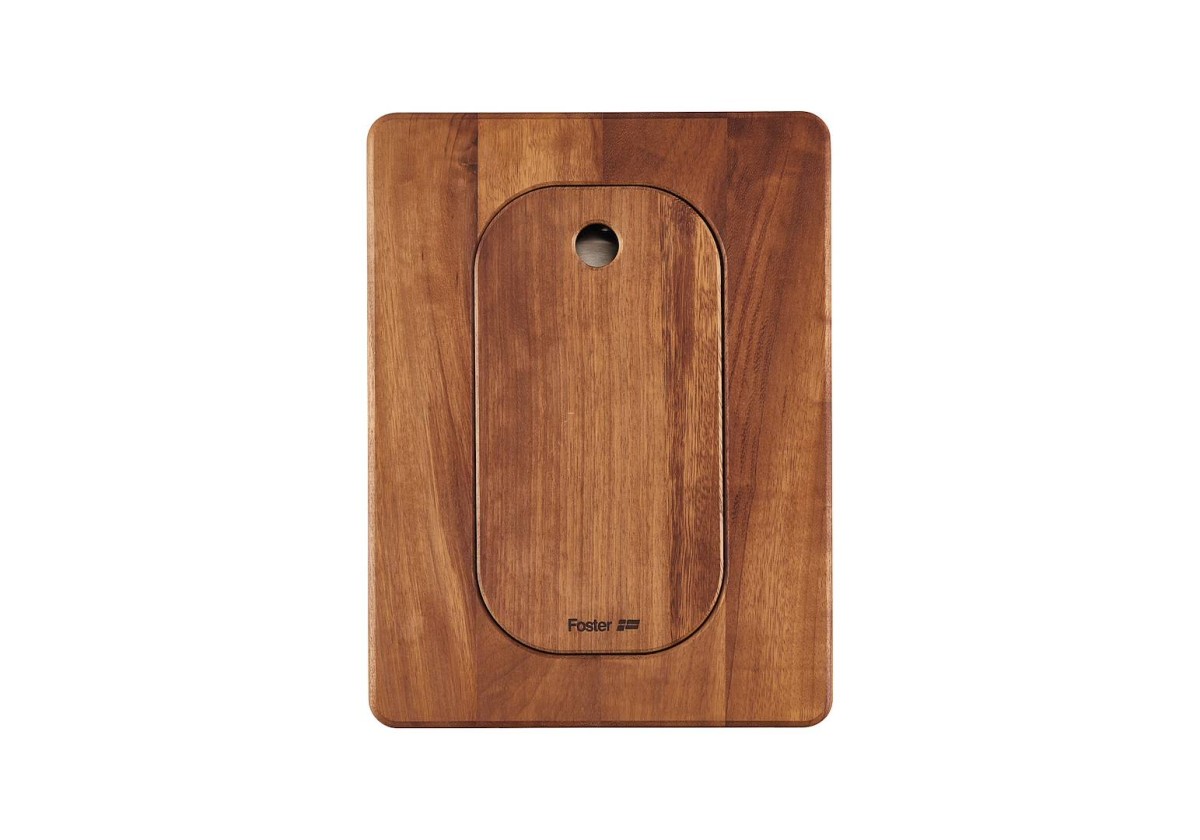 Iroko-wood sliding chopping board with stainless steel colander